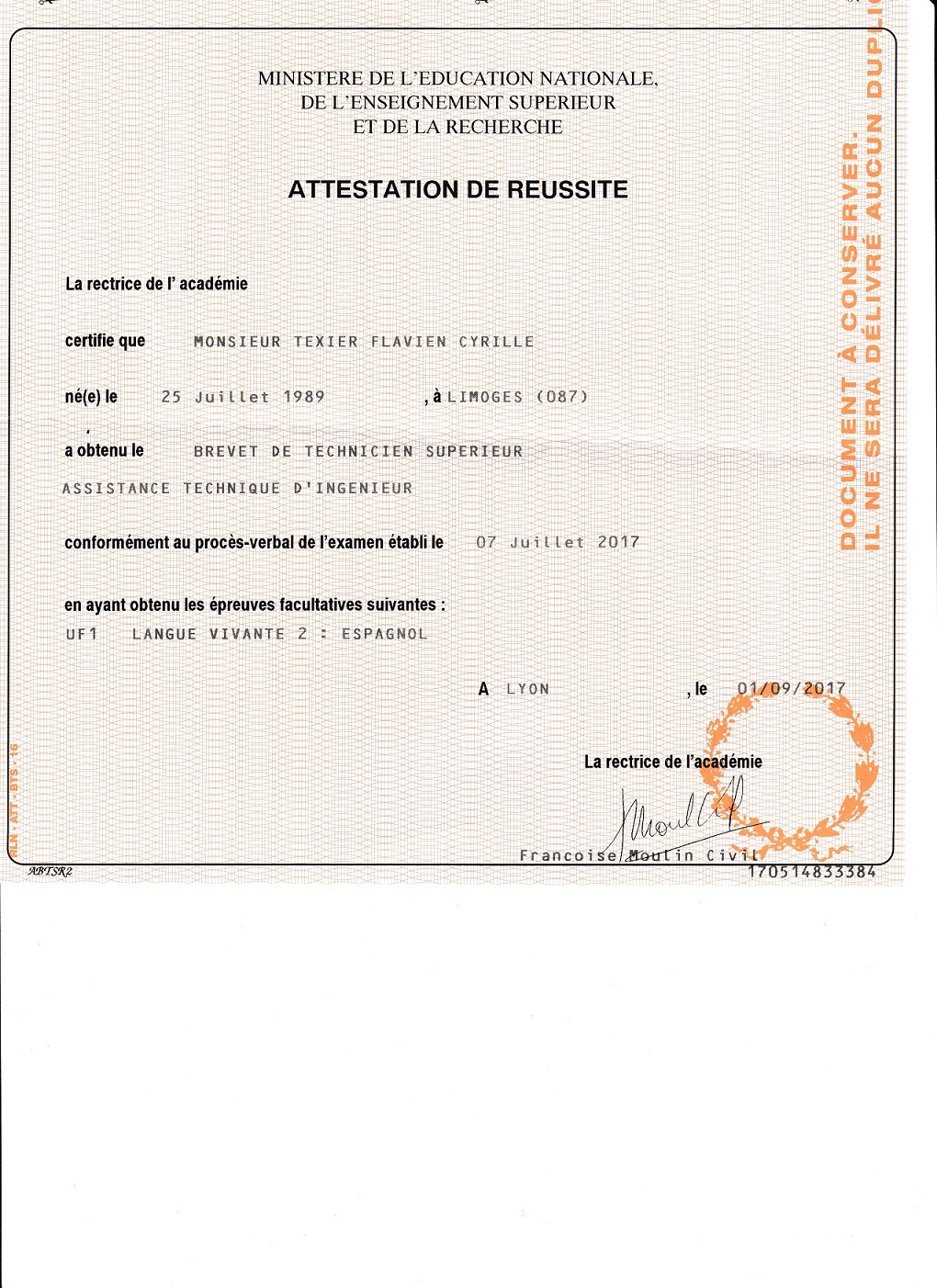 Attestation de réussite BTS Assistance Technique d'Ingénieur – Flavien Texier – Académie de Lyon – Major de promotion 2017