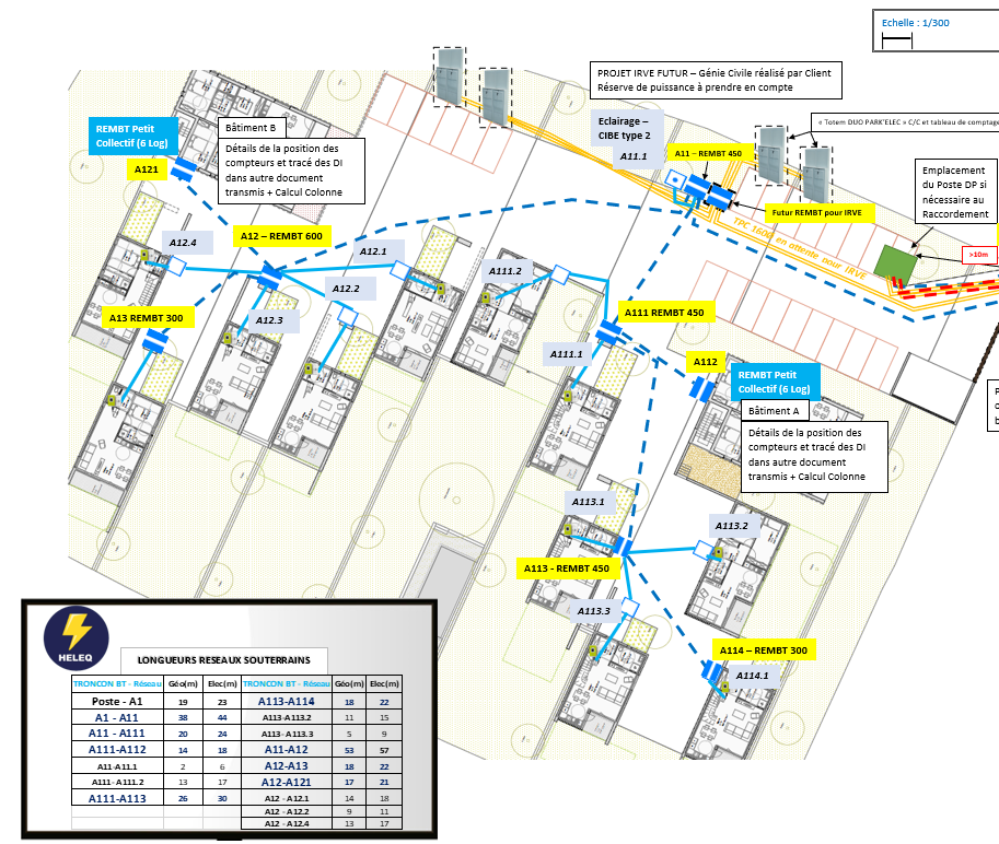 Extrait plan de masse raccordement électrique – HELEQ – Tracé réseau, coffrets, câbles